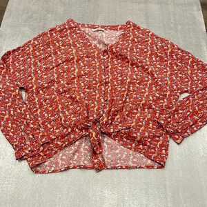 [L]BeachLunchLounge V Neck  Button Up Tie Hem LS Cropped Bird Blouse